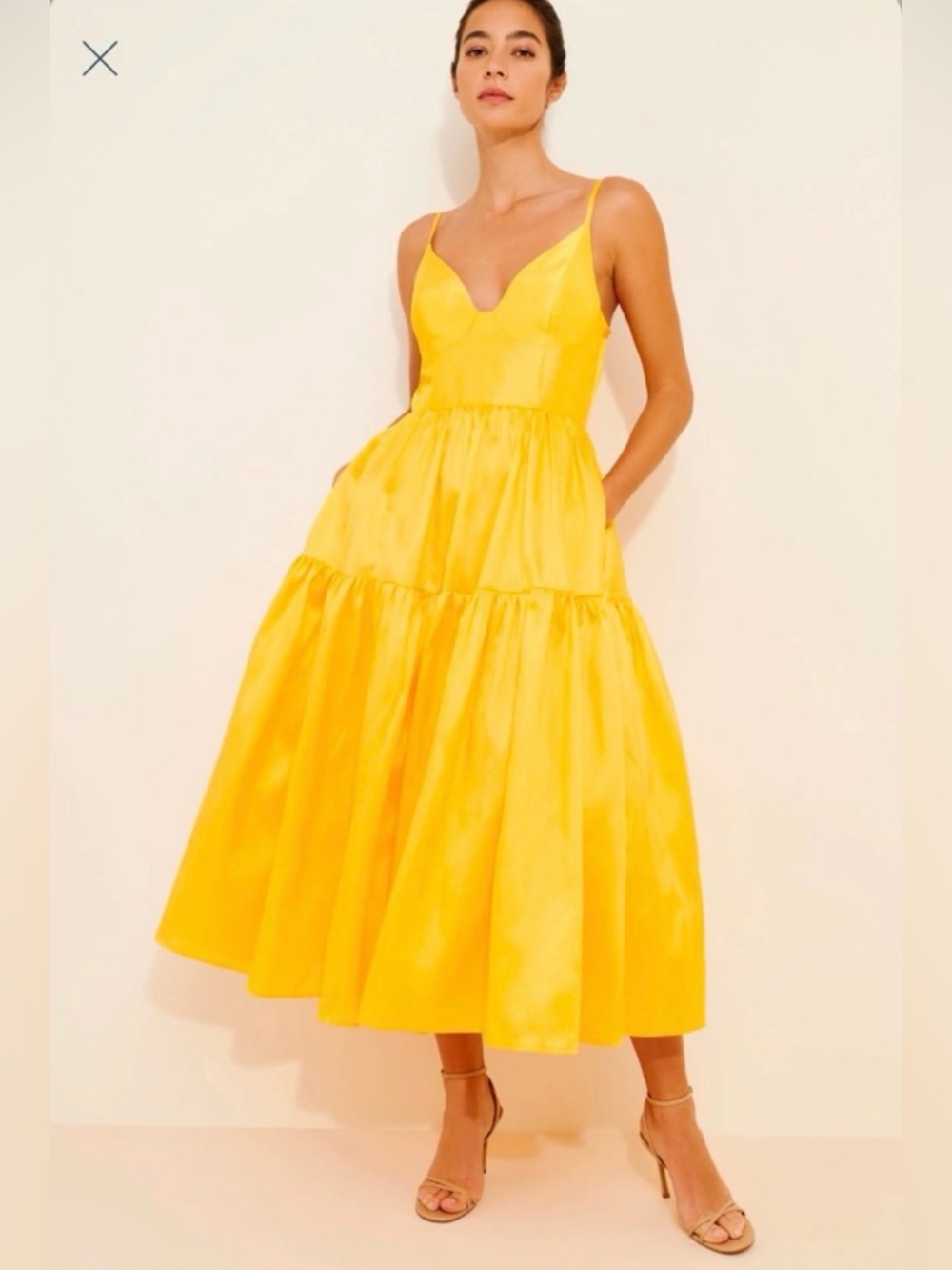 Hutch Yellow Tiered Satin Midi Dress